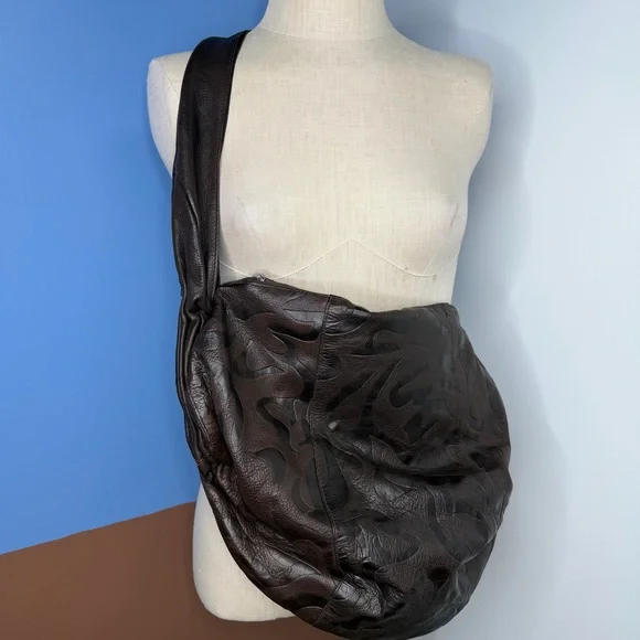 Vintage Tribeca Dark Brown Slouchy Pebbled Leather Sling Bag Large Boho - Picture 10 of 12